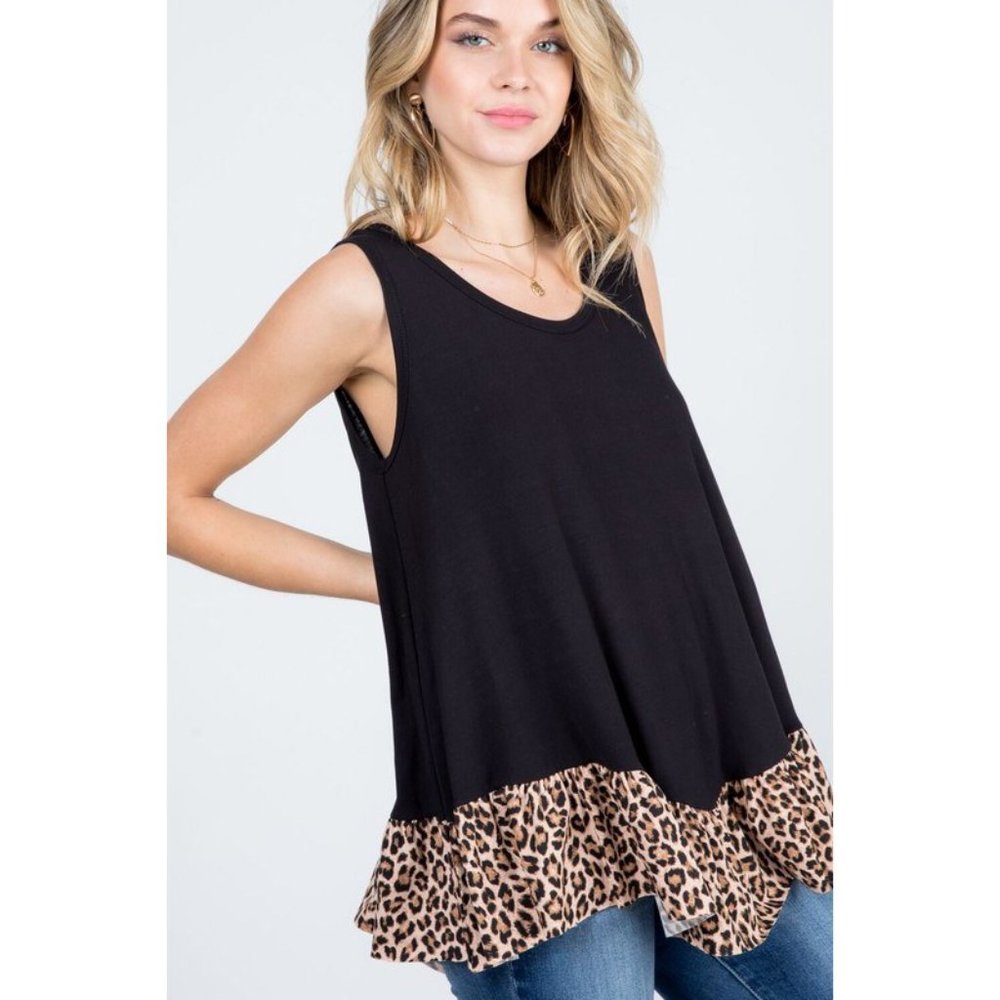 ANIMAL PRINTED FABRIC CONTRAST RUFFLE TANK TOP - Picture 3 of 8